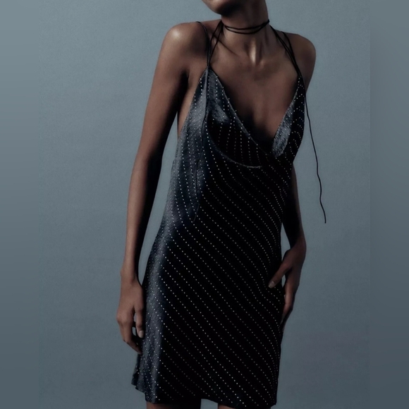 Zara Mini Waterfall Open Back Cocktail Party Dress Black Crystal size M - Picture 5 of 16